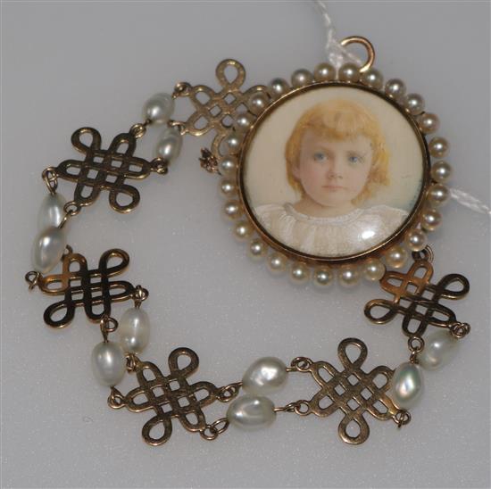 A miniature portrait of a young girl in yellow metal and cultured pearl setting and a 14ct gold and freshwater pearl bracelet.